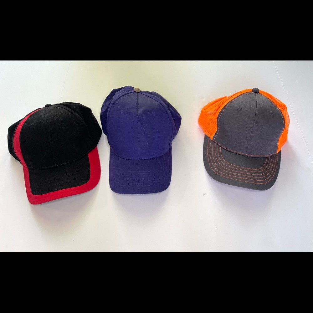 Lot of 3 Cobra baseball caps: all 3: black/red, orange/gray, purple